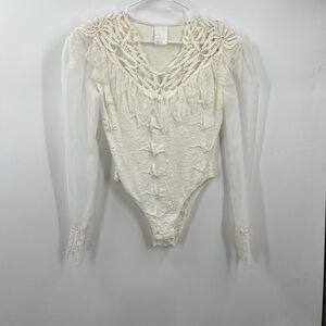 VTG Bhatti France Lace Ruffle Bodysuit Shoulder Pads Victorian S/M Classy